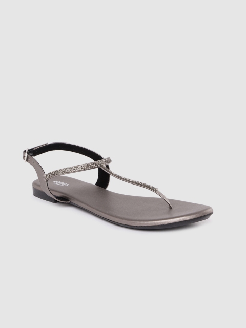 

Anouk Women Gun-Metal Toned Embellished T-Strap Flats, Metallic