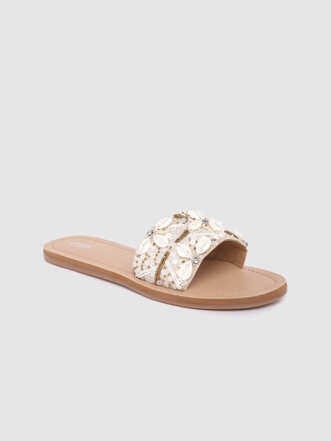 

Anouk Women White & Bronze-Toned Embellished Open Toe Flats