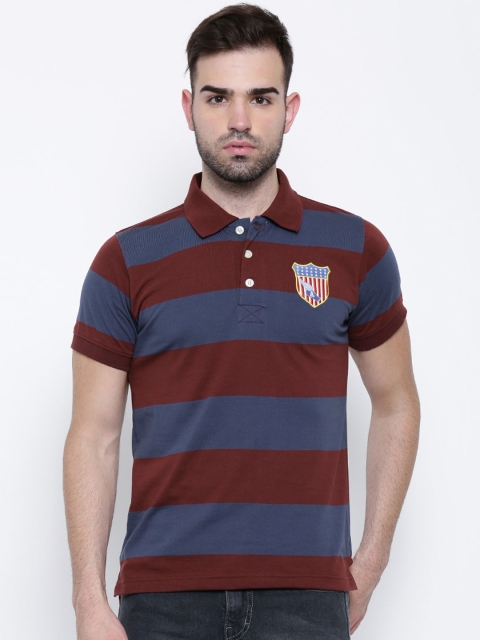 

American Crew Maroon & Blue Striped Polo T-shirt