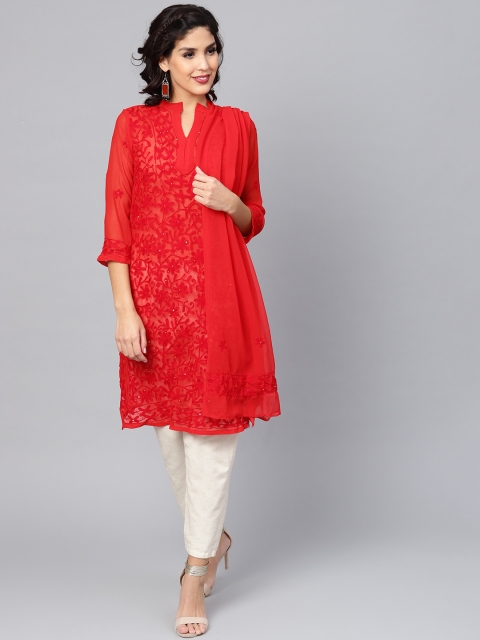 

Saadgi Women Red Chikankari Embroidered Sheer Straight Kurta with Dupatta