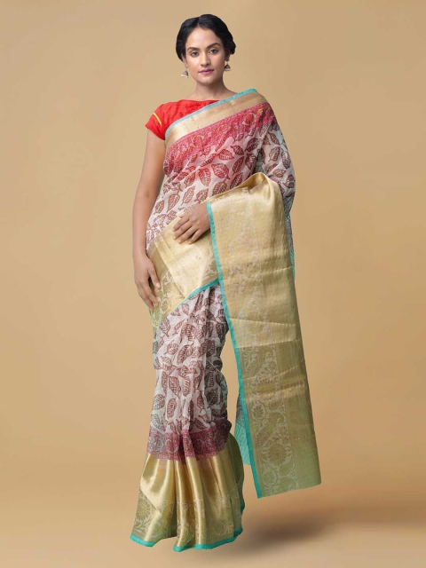 

Unnati Silks Cream-Coloured Organza Printed Chanderi Saree