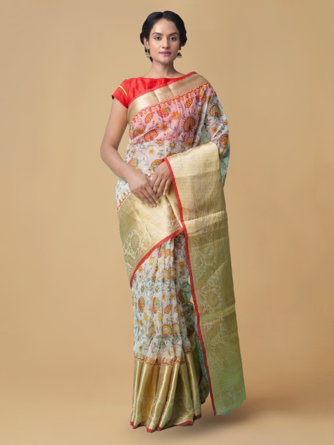 

Unnati Silks Cream-Coloured Organza Printed Chanderi Saree