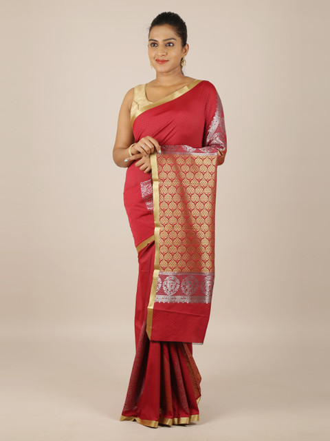 

Pothys Red & Gold-Toned Art Silk Woven Design Saree with Zari Border