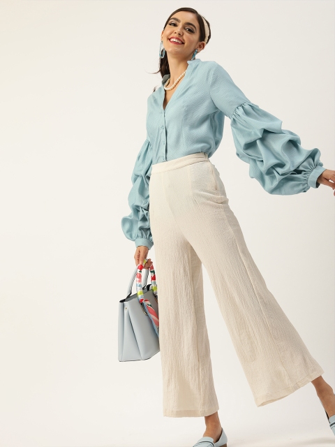 

QUIERO Women Blue Regular Fit Seersucker Casual Shirt with Puff Sleeve