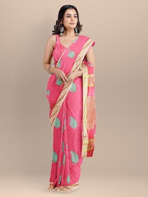 

BharatSthali Pink Color Silk Cotton Embroidered Maheshwari Handloom Saree