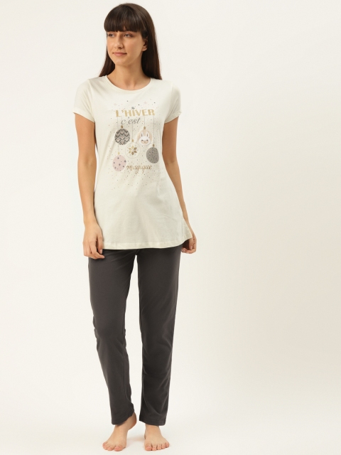 

Sweet Dreams Women Cream-Coloured & Charcoal Grey Printed Night suit