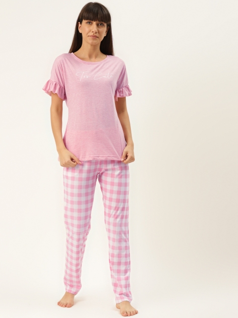 

Sweet Dreams Women Pink & White Pure Cotton Checked Night Suit