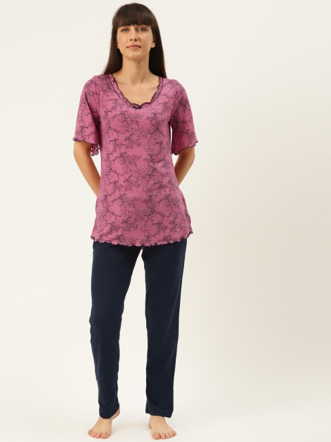 

Sweet Dreams Women Pink & Navy Blue Floral Printed Night suit