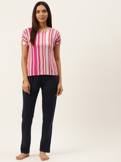 

Sweet Dreams Women Pink & Navy Blue Striped Night Suit