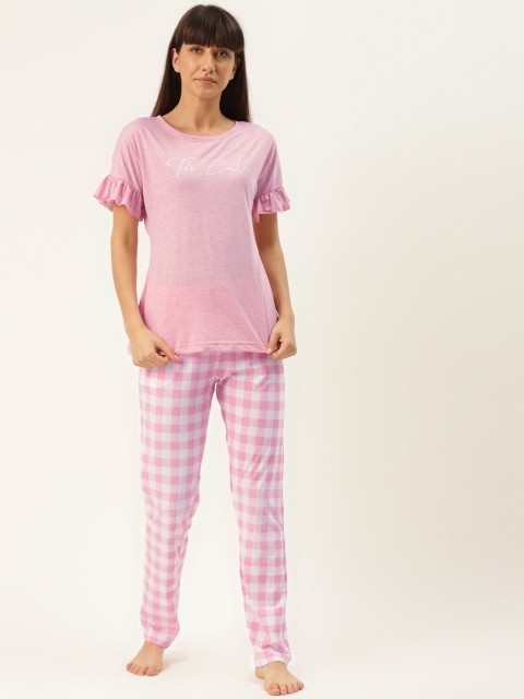 

Sweet Dreams Women Pink & White Pure Cotton Solid Night suit