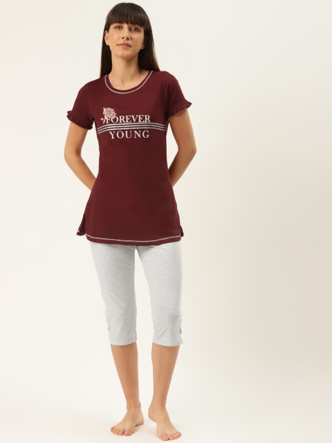 

Sweet Dreams Women Maroon & Grey Melange Typography Print Night suit