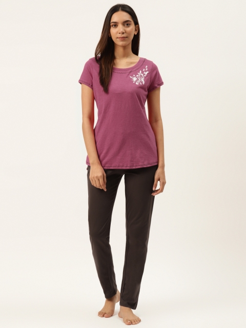 

Sweet Dreams Women Pink & Charcoal Grey Solid Night Suit with Embroidered Detail