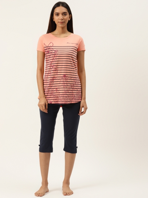 

Sweet Dreams Women Peach-Coloured & Navy Blue Striped Night Suit