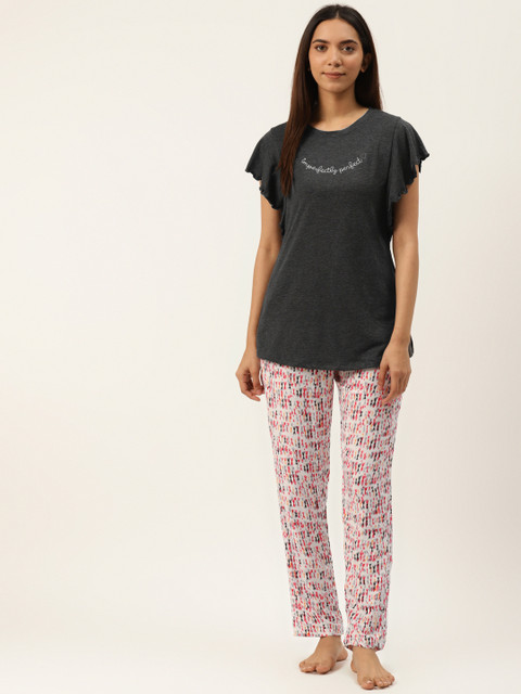 

Sweet Dreams Women Charcoal Grey & White Solid Night suit