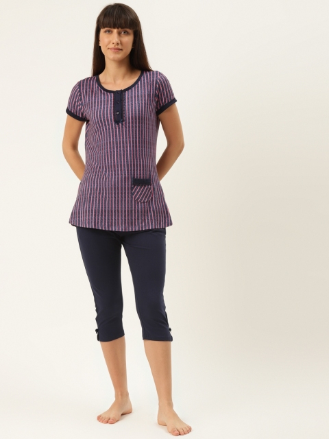 

Sweet Dreams Women Navy Blue & Pink Striped Night suit