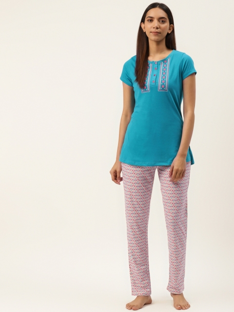 

Sweet Dreams Women Teal Green & Off-White Printed Night suit