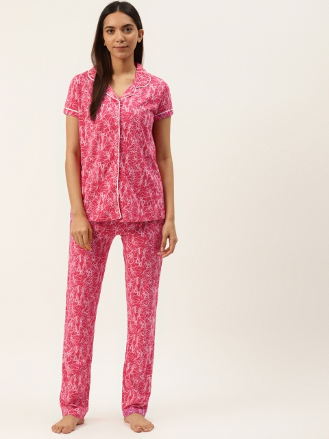 

Sweet Dreams Women Pink & White Pure Cotton Floral Printed Night Suit