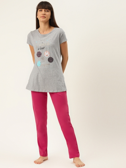 

Sweet Dreams Women Grey Melange & Pink Printed Night suit