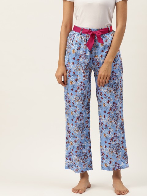 

Sweet Dreams Women Blue & Brown Pure Cotton Floral Printed Lounge Pants with Belt