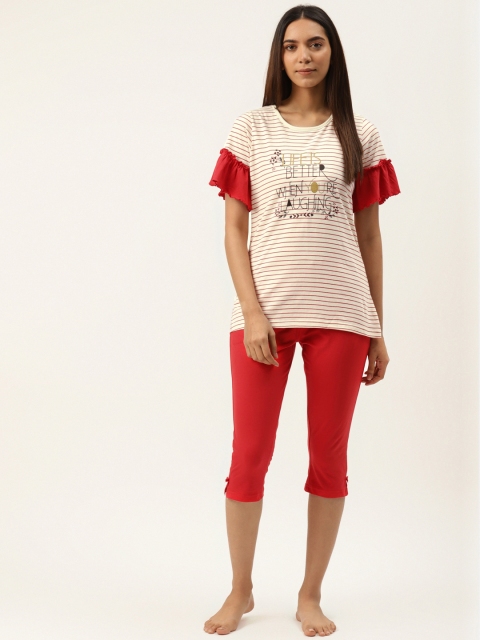 

Sweet Dreams Women Cream-Coloured & Red Striped Night suit
