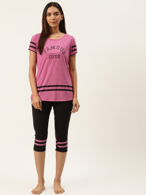 

Sweet Dreams Women Pink & Black Typography Printed Night Suit