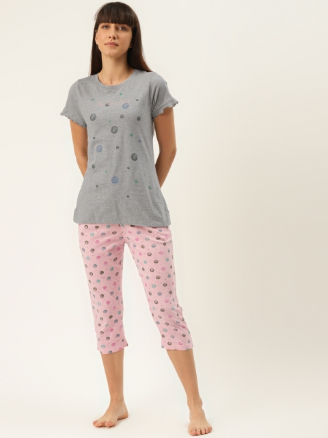 

Sweet Dreams Women Grey Melange & Pink Cotton Printed Night suit