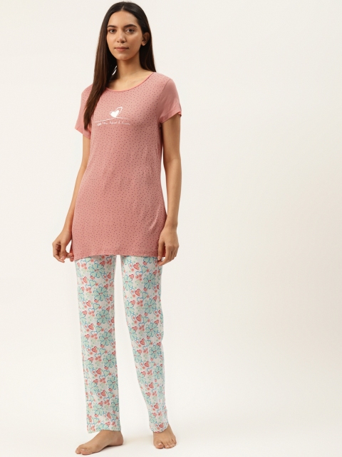 

Sweet Dreams Women Peach-Coloured & White Printed Night Suit