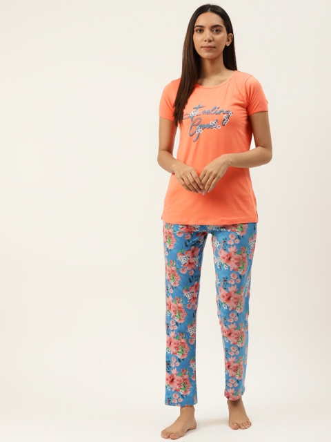 

Sweet Dreams Women Coral Orange & Blue Floral Print Night Suit