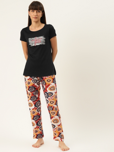 

Sweet Dreams Women Black & Coral Orange Solid Night suit