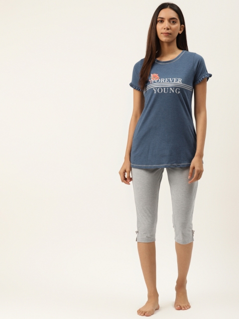 

Sweet Dreams Women Blue & Grey Melange Cotton Rich Typography Printed Night Suit, Navy blue