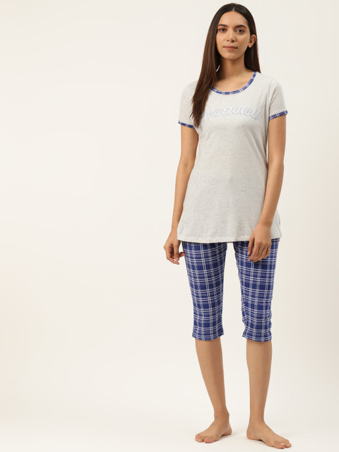 

Sweet Dreams Women Grey Melange & Blue Typography Embroidered Night suit