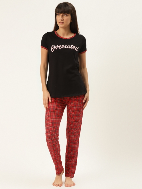 

Sweet Dreams Women Black & Red Printed & Checked Night Suit