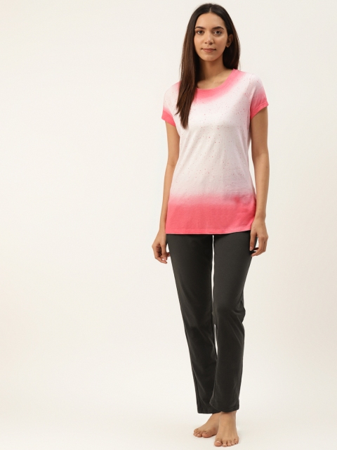 

Sweet Dreams Women White & Charcoal Grey Dyed & Printed Night Suit, Pink