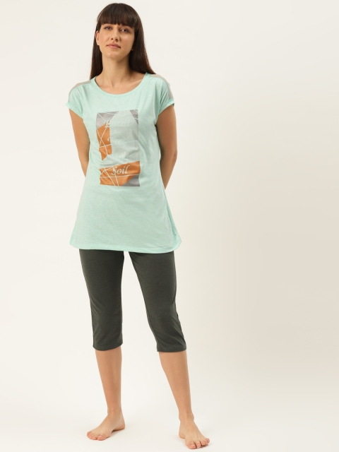 

Sweet Dreams Women Sea Green & Olive Green Graphic Printed Night suit