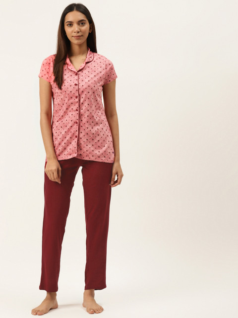 

Sweet Dreams Women Pink & Maroon Heart Printed Night Suit