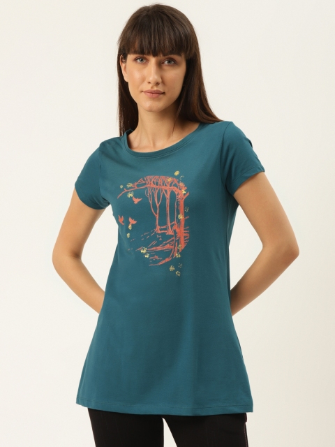 

Sweet Dreams Women Teal Blue & Orange Tree & Birds Print Longline Lounge T-Shirt