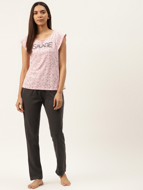 

Sweet Dreams Women Pink & Charcoal Grey Geometric Print Night Suit