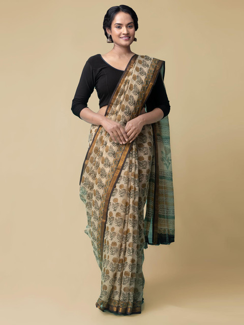 

Unnati Silks Cream-Coloured & Green Pure Cotton Bagru Printed Kota Saree