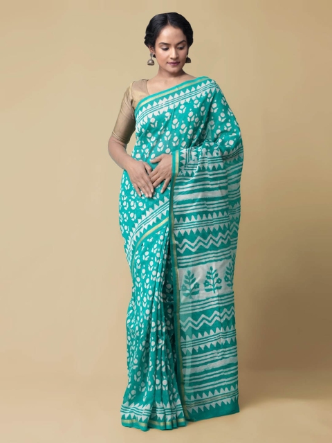

Unnati Silks Blue Silk Cotton Printed Chanderi Saree