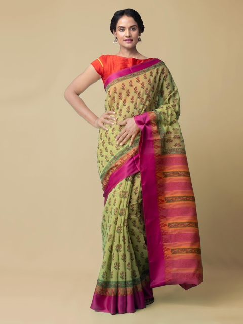 

Unnati Silks Green Silk Cotton Printed Chanderi Saree
