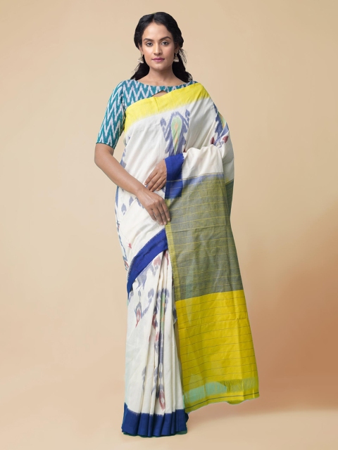 

Unnati Silks Cream-Coloured Pure Cotton Woven Design Pochampally Saree