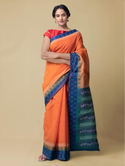 

Unnati Silks Orange Silk Cotton Printed Chanderi Saree