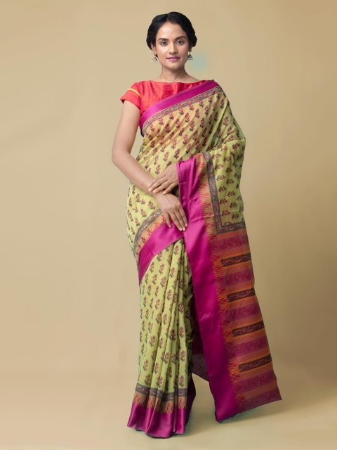 

Unnati Silks Green & Pink Silk Cotton Woven Design Chanderi Saree
