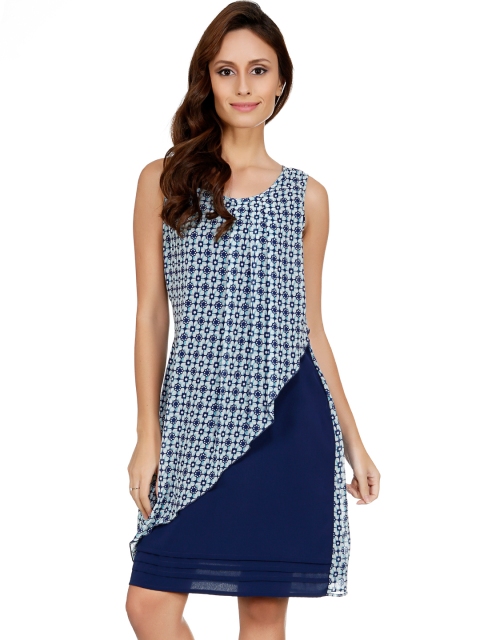 

109F Blue Polyester Floral Print Layered A-Line Dress