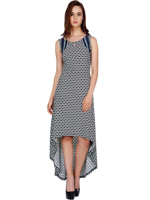 

109F Navy & Cream-Coloured Polyester Printed High-Low Dress, Navy blue
