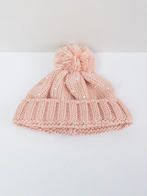 

max Girls Peach-Coloured Self Design Beanie with Pompom