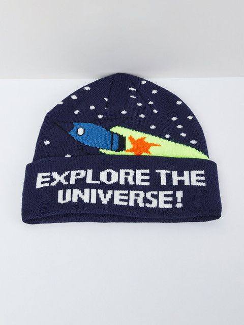

max Boys Navy Blue & Green Self Design Beanie
