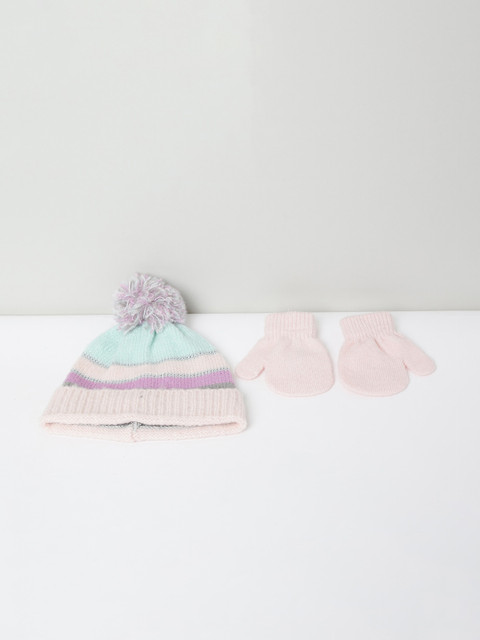 

max Boys Multicoloured Colourblocked Beanie with Pompom with Mittens, Multi