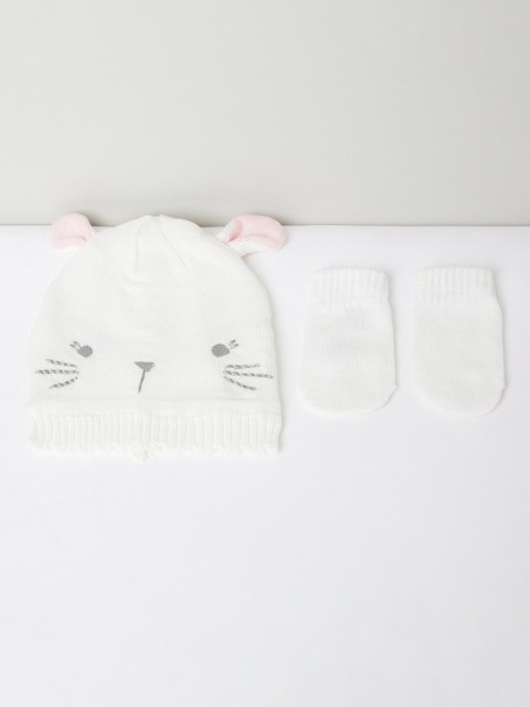 

max Boys White & Pink Cat Embroidered Beanie with Mittens