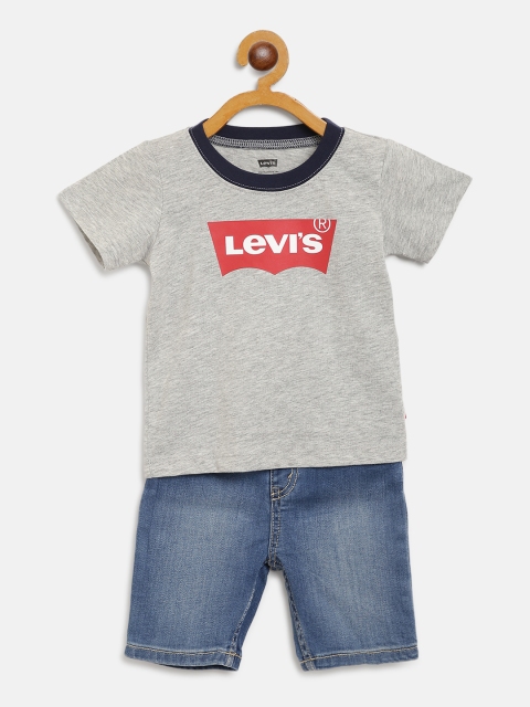 

Levis Boys Grey Melange & Blue Brand Logo Print Detail T-shirt with Washed Shorts